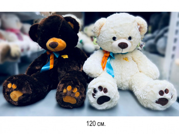 им Медведь арт. 398-811 Цвета микс с атласной лентой, вышивкой-цветком 120 см в пак.