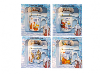 Подарочный набор арт. HK2221-502-502 Чайная пара с ложкой "Дед Мороз" керамика ассорти в кор.