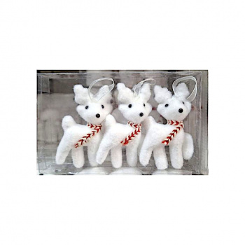 Игрушка-подвеска арт. 803010 Олень в красно-белом шарфе стоит 10 см Набор 3 шт в прозр.кор.