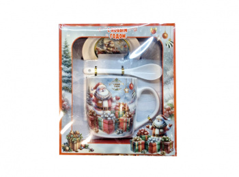 Подарочный набор арт. HK2335E-502 Чайная пара с ложкой "Дед Мороз с подарками" керамика в кор.