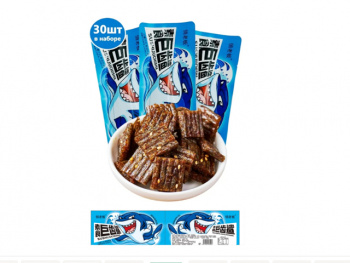 Соевое мясо арт. 070907 Пшеничные пряные ломтики со вкусом рыбы 26 г 30 шт. упаковка с акулой';#,