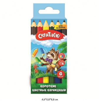 км_Набор цветных карандашей арт. КЦК06К Creativiki укороченные 6 цв. шестигран. корп.дерев. карт.уп.