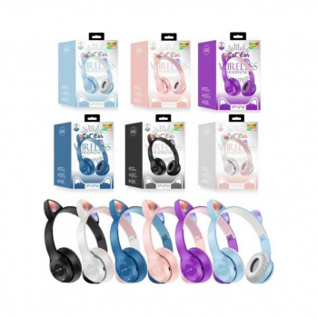 Наушники арт. P47M Беспроводные "Кошачьи ушки" цвета микс в кор./