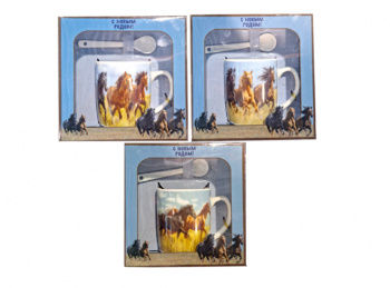 Подарочный набор арт. AT1989E-502 Чайный, кружка с ложкой Лошади ассорти керамика в кор.