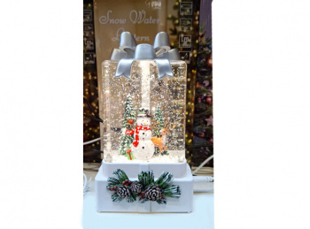 Фонарь Новогодний арт. 25010B-502-601 Подарок "Снеговик и олень" 18см на бат.свет,музыка USB в кор.