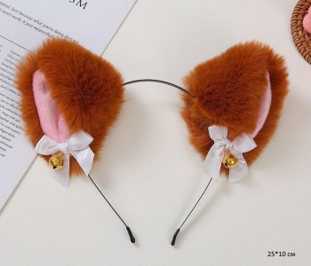 Ободок арт. 209625 Ушки кошки мех рыжий с бантиками в пак.